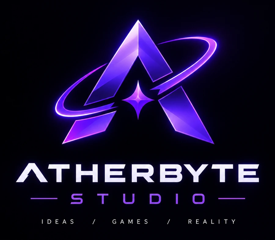Atherbyte Studio logo: a violet letter A circled by an orbital ring, with the words Atherbyte Studio and the tagline Ideas, Games, Reality