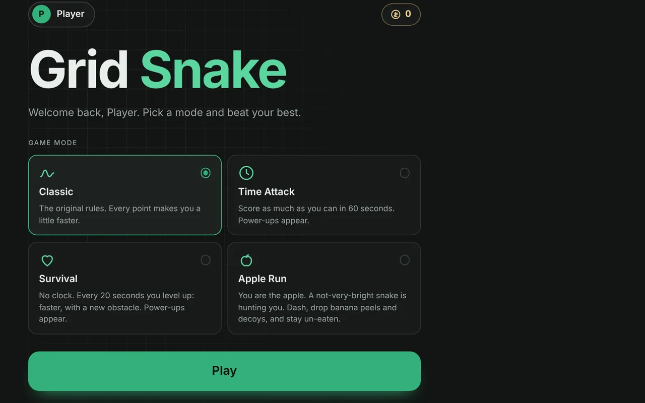 Grid Snake's start screen showing four game modes: Classic, Time Attack, Survival and Apple Run.