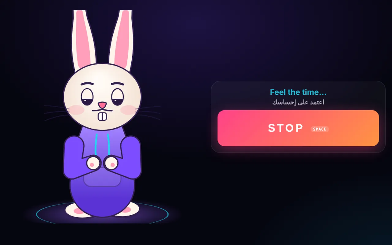 The same screen during a round: the rabbit waits with its eyes closed and a Stop button is shown, with the message Feel the time.